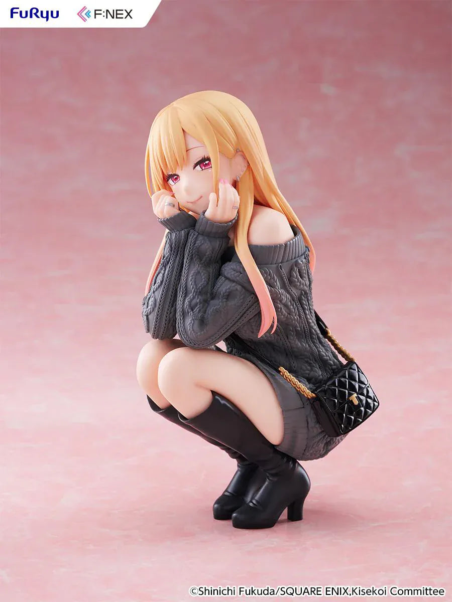 My Dress-Up Darling Kitagawa Marin knit ver. 1/6 Scale Figure featuring Marin with long blonde hair, gray oversized sweater, black boots, quilted bag, and crouching pose.