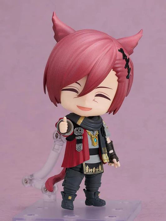 Final Fantasy XIV Nendoroid G'raha Tia Figure with red hair, cat ears, tail, cape, and staff weapon accessory