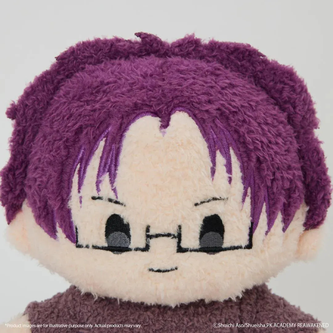 Aren Kuboyasu Fukamokogurumi plush featuring short purple hair, black embroidered glasses, a gentle smile, and a matching purple outfit with a fluffy texture in a cute seated chibi design.