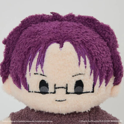 Aren Kuboyasu Fukamokogurumi plush featuring short purple hair, black embroidered glasses, a gentle smile, and a matching purple outfit with a fluffy texture in a cute seated chibi design.