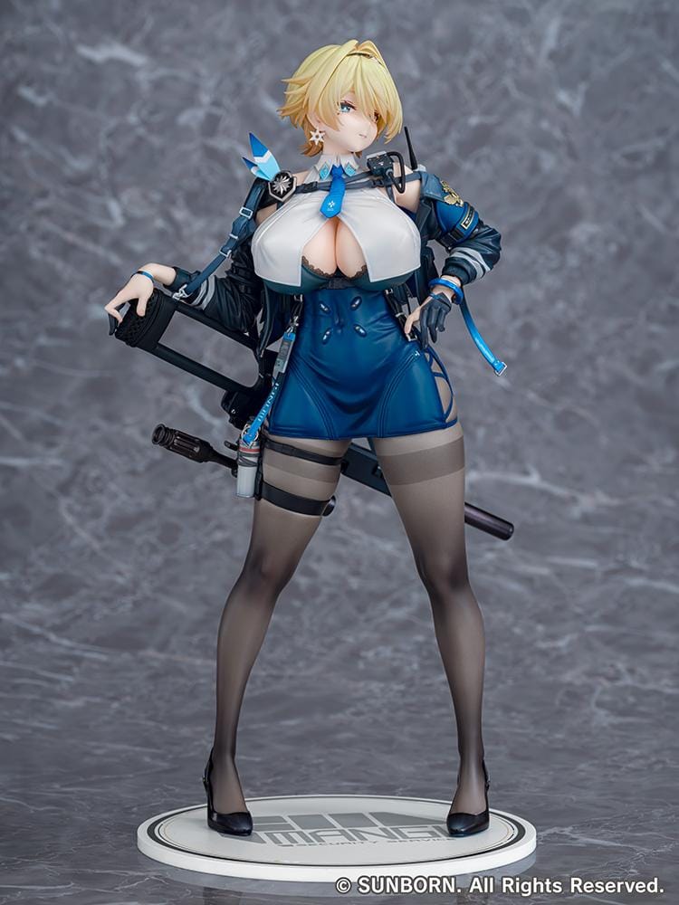 Girls' Frontline 2 Exilium Nikketa 1/6 Scale Figure with blonde hair, blue tactical outfit, weapon accessory styling, stockings, and display base