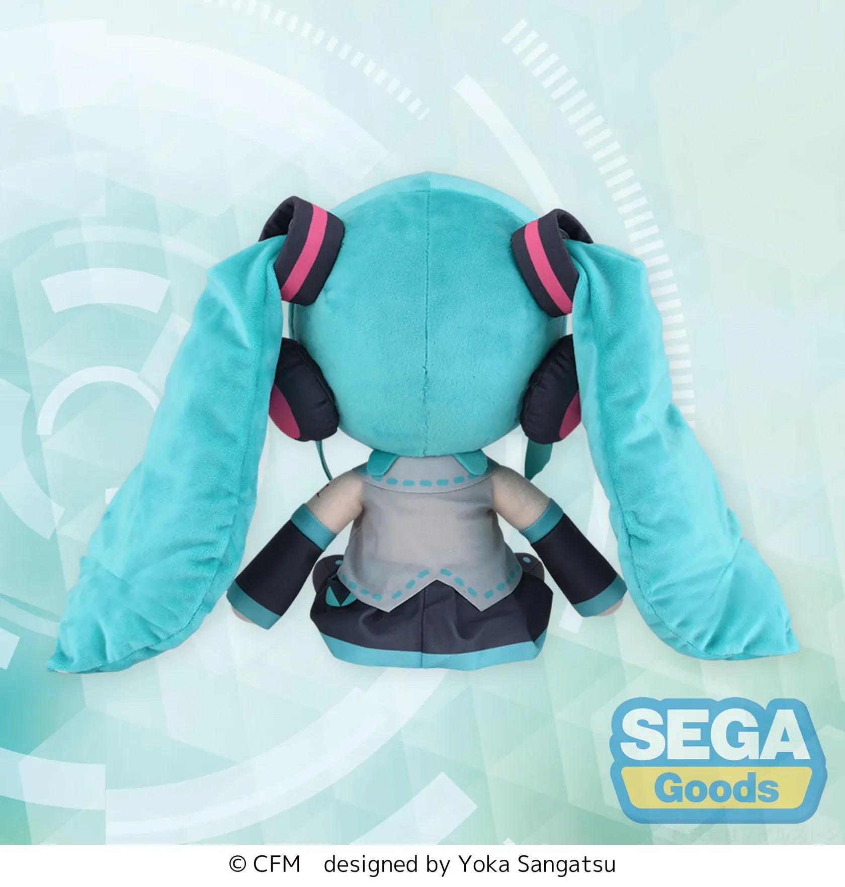 Fuwa Petit Hatsune Miku L Plush with turquoise twin tails, headset, embroidered smile, and classic black and teal outfit