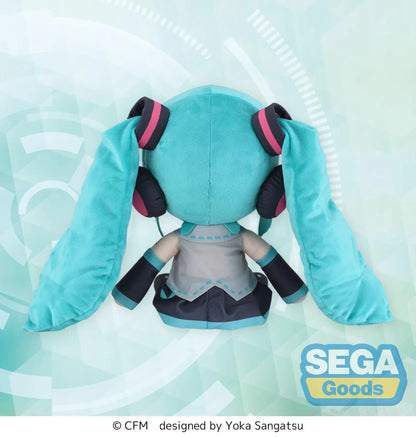 Fuwa Petit Hatsune Miku L Plush with turquoise twin tails, headset, embroidered smile, and classic black and teal outfit
