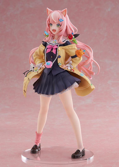 Nijisanji Yang Nari 1/7 scale figure with pink hair, cat ears, school uniform, and yellow coat standing in energetic pose