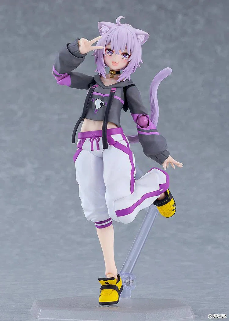 hololive production figma Nekomata Okayu Figure with lavender hair, cat ears and tail wearing her signature black purple and white outfit