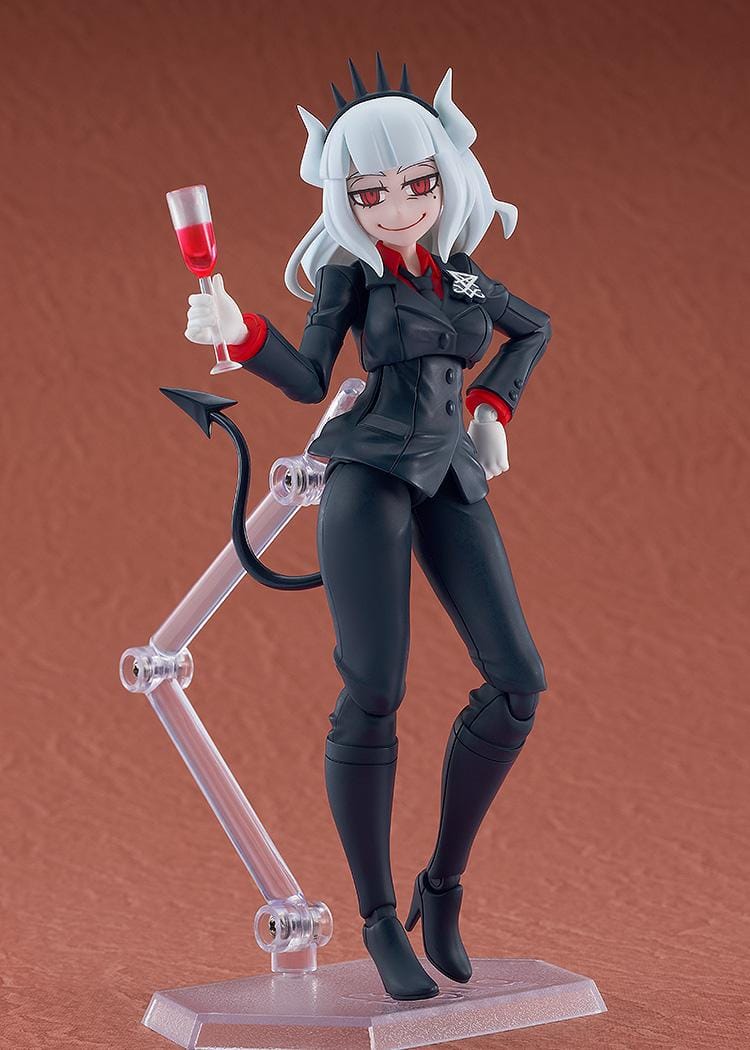 Helltaker figma Lucifer Figure with white hair, black horns, devil tail, black suit, and wine glass accessory
