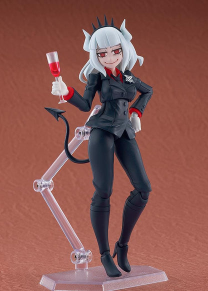 Helltaker figma Lucifer Figure with white hair, black horns, devil tail, black suit, and wine glass accessory