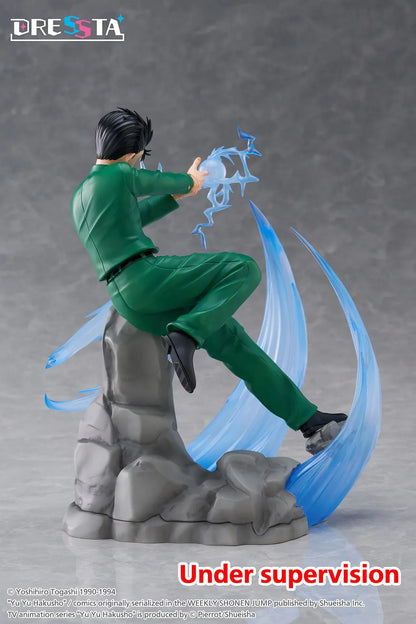 Yu Yu Hakusho Dressta Yusuke Urameshi Figure in green school uniform with blue spirit energy effect and rocky display base