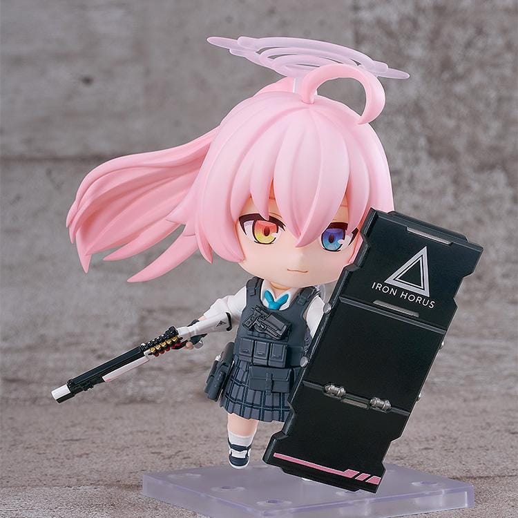 Blue Archive Nendoroid Hoshino Takanashi Armed Figure featuring Hoshino with pink hair, halo detail, tactical gear, weapon accessory, and large shield.