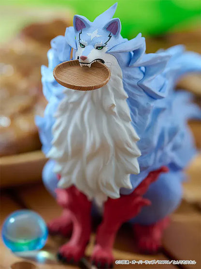 Pop Up Parade Swacchao Fel & Sui figure from Campfire Cooking in Another World with My Absurd Skill, featuring a large purple wolf sitting with tiny blue slime Sui and two wooden bowls.