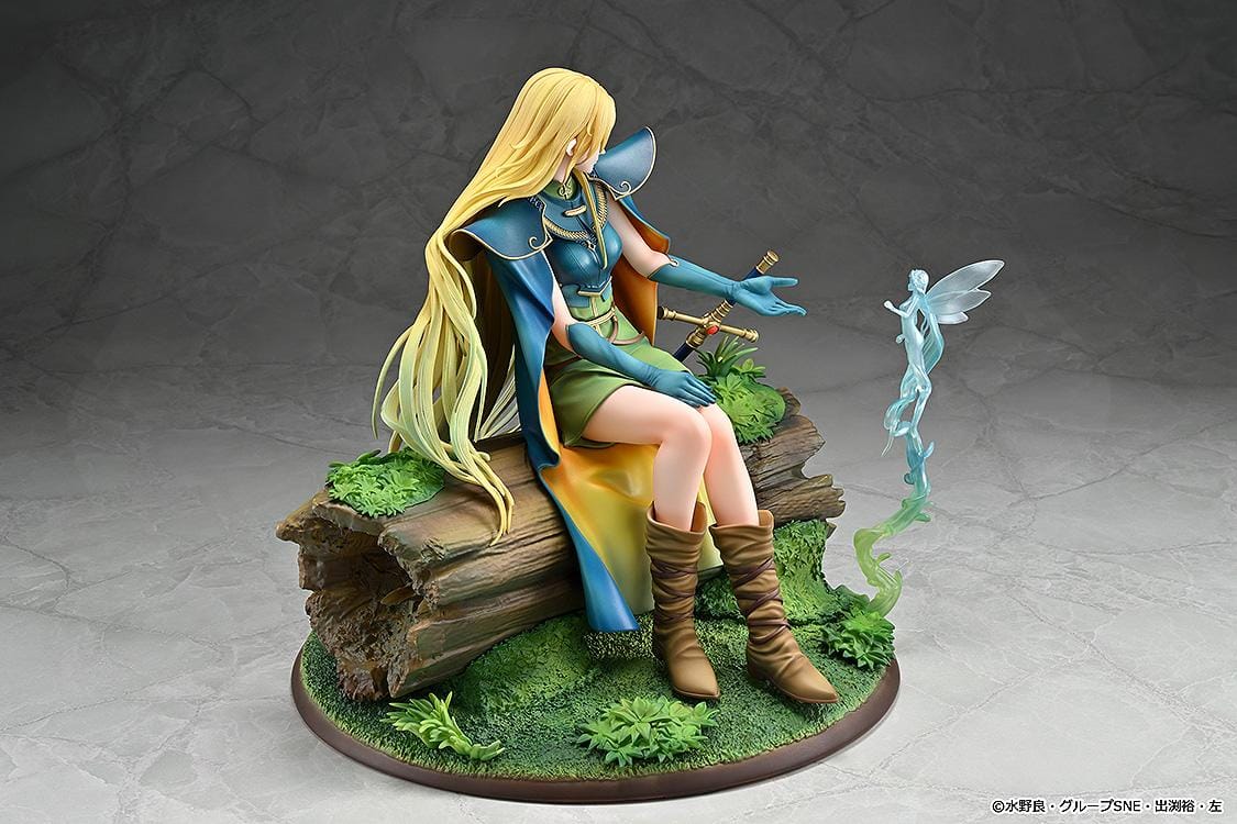Record of Lodoss War Deedlit figure seated on a log in green clothing and blue armor, with flowing blonde hair, a winged companion, and a woodland base.