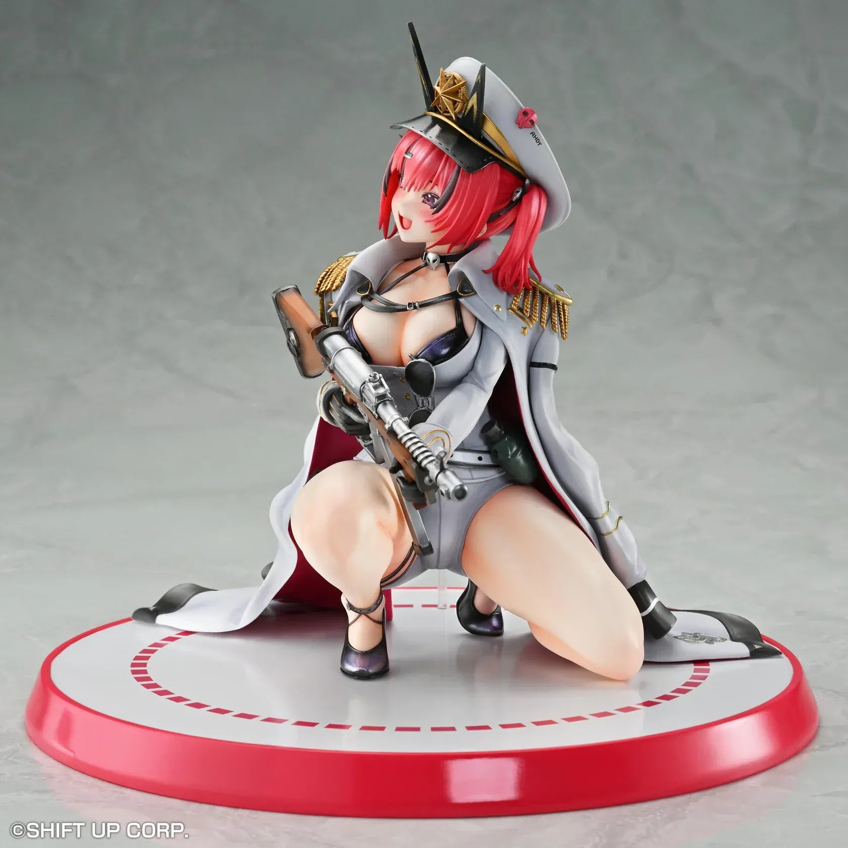 Goddess of Victory: Nikke Mast 1/7 scale figure kneeling on red-and-white base in white naval uniform with rifle and red parrot