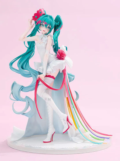 GOOD SMILE RACING G.S. Collection Racing Miku 15th Rhapsody 2010-2025 1/7 Scale Figure with white outfit, teal twin-tails, red rose, and colorful ribbons