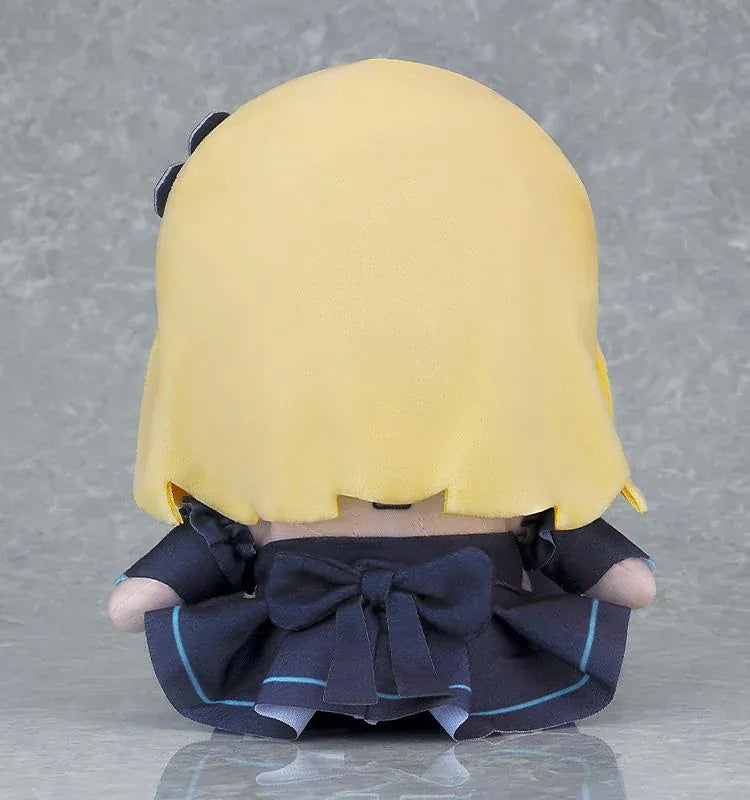 D1AL-ogue Pray plushie with blonde hair, blue accents, a dark outfit, and a flower hair accessory.