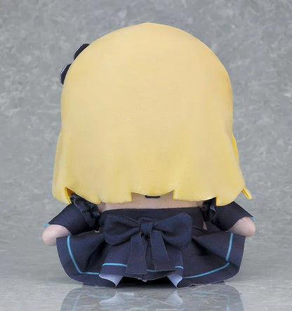 D1AL-ogue Pray plushie with blonde hair, blue accents, a dark outfit, and a flower hair accessory.