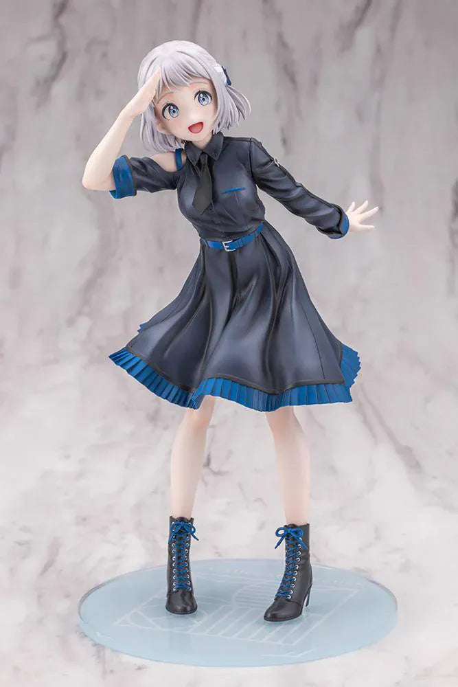 The Idolmaster Gakuen Lilja Katsuragi Hakusen DX Ver. 1/7 Scale Figure featuring Lilja with short silver hair, black dress with blue accents, boots, and themed display base.