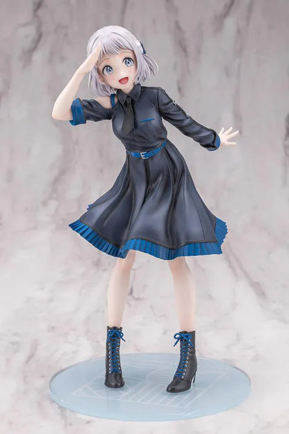 The Idolmaster Gakuen Lilja Katsuragi Hakusen DX Ver. 1/7 Scale Figure featuring Lilja with short silver hair, black dress with blue accents, boots, and themed display base.
