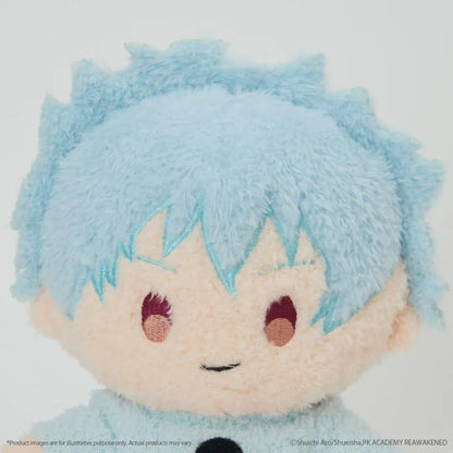 The Disastrous Life of Saiki K. Shun Kaido Fukamokogurumi Plushie featuring spiky light-blue hair, embroidered eyes, a cheerful smile, and a fluffy blue outfit with a black skull and crossbones design in a cute seated pose.