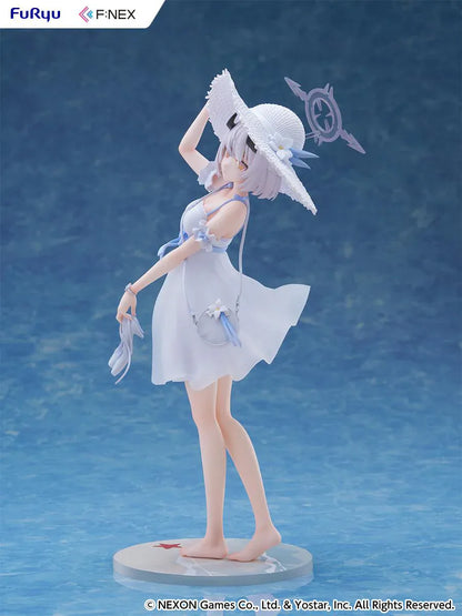 Blue Archive Sena Casual 1/7 Scale Figure featuring Sena with short silver hair, white dress, wide-brim hat, sandals in hand, and seaside-themed display base.