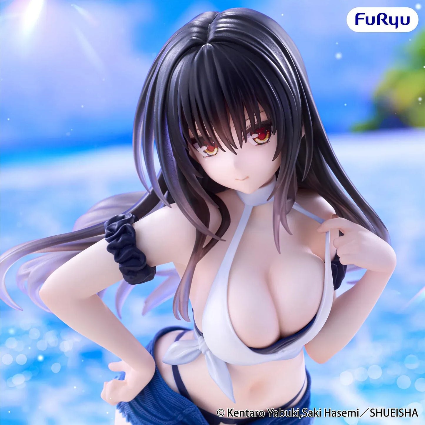 To Love-Ru Darkness Trio-Try-iT Yui Kotegawa Figure Rerelease in beach outfit with white tied top, denim-style shorts, and seaside pose
