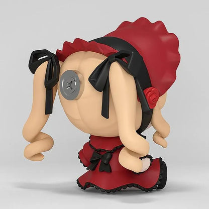 Rozen Maiden Huggy Good Smile Shinku Figure featuring a blonde-haired anime doll with blue eyes, long twin drill curls, a deep red gothic dress, black ribbons, rose decorations, and a matching red bonnet in a cute seated chibi design.