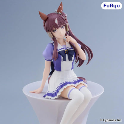 Uma Musume Pretty Derby Lucky Lilac Noodle Stopper Figure in a seated pose wearing her school uniform