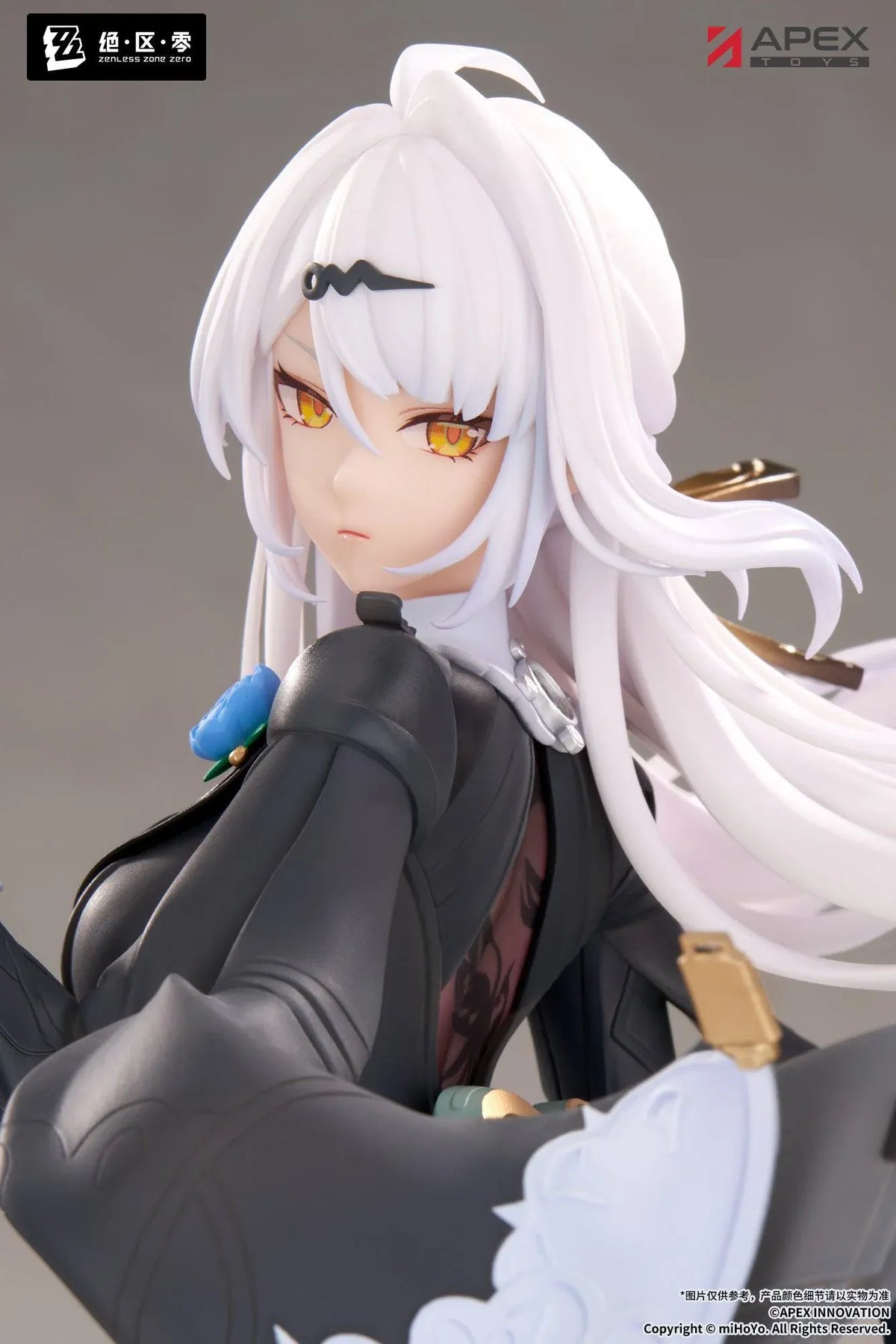 Zenless Zone Zero Limepie Yixuan Trails of Ink Ver. 1/8 Scale Figure by APEX Toys featuring a white-haired anime woman with golden eyes wearing a black outfit with white embroidered accents, sheer stockings, and black heels while holding a small brown bird on a circular display base.