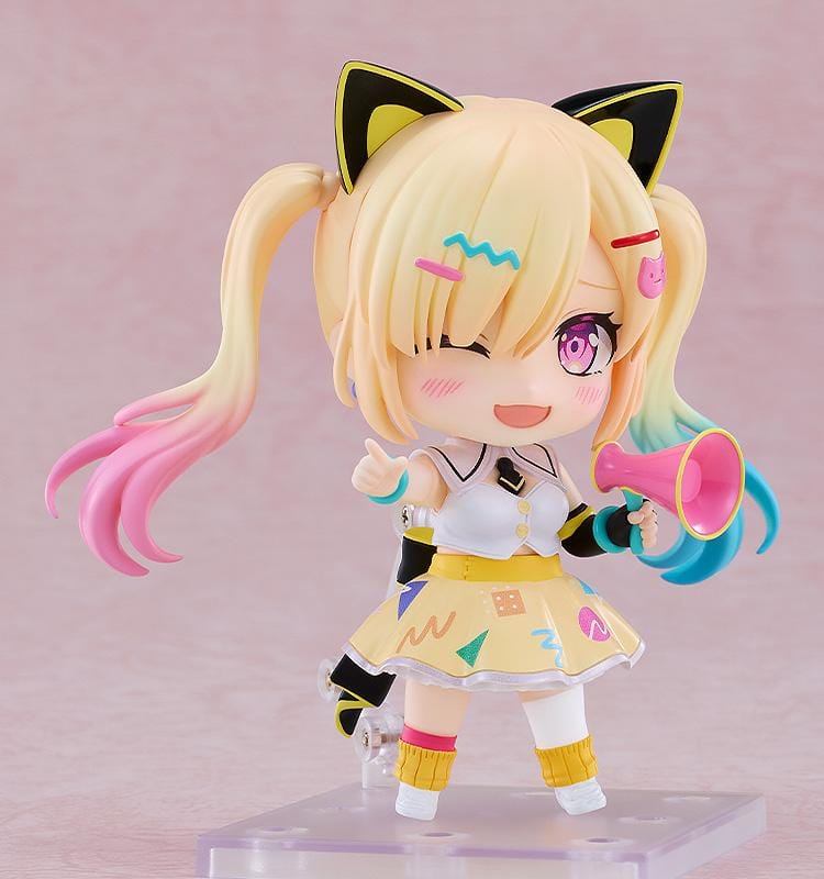 BanG Dream Nendoroid Arale Nakamachi Figure with blonde twin-tails, cat-ear accessories, colorful outfit, megaphone accessory, and chibi display base
