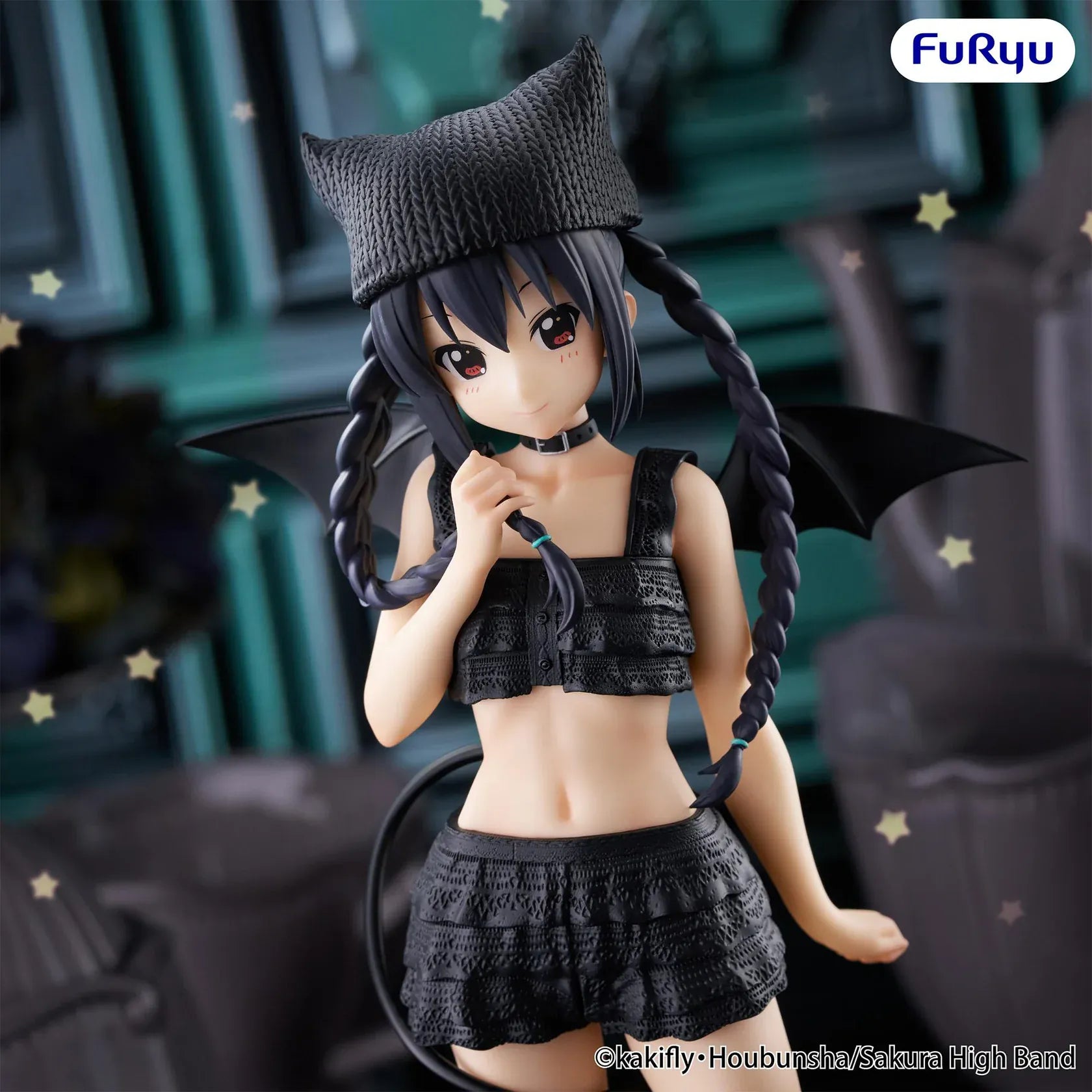 K-On! BiCute Dark Azusa Nakano Figure with black outfit, braided hair, cat-ear style hat, wings, and gothic-inspired design