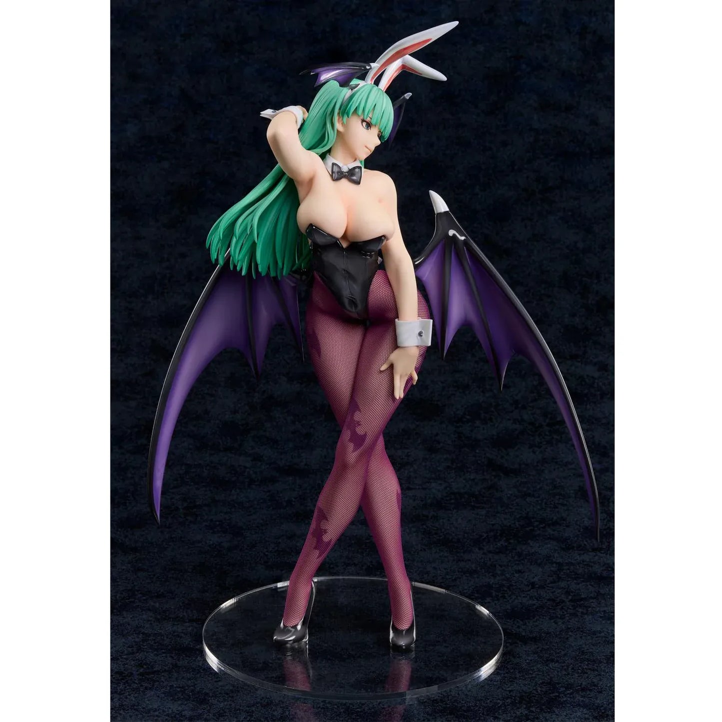 Darkstalkers B-Style Morrigan Bunny Ver. 1/4 scale figure with emerald-green hair, black bunny suit, bat wings, bunny ears, and fishnet stockings