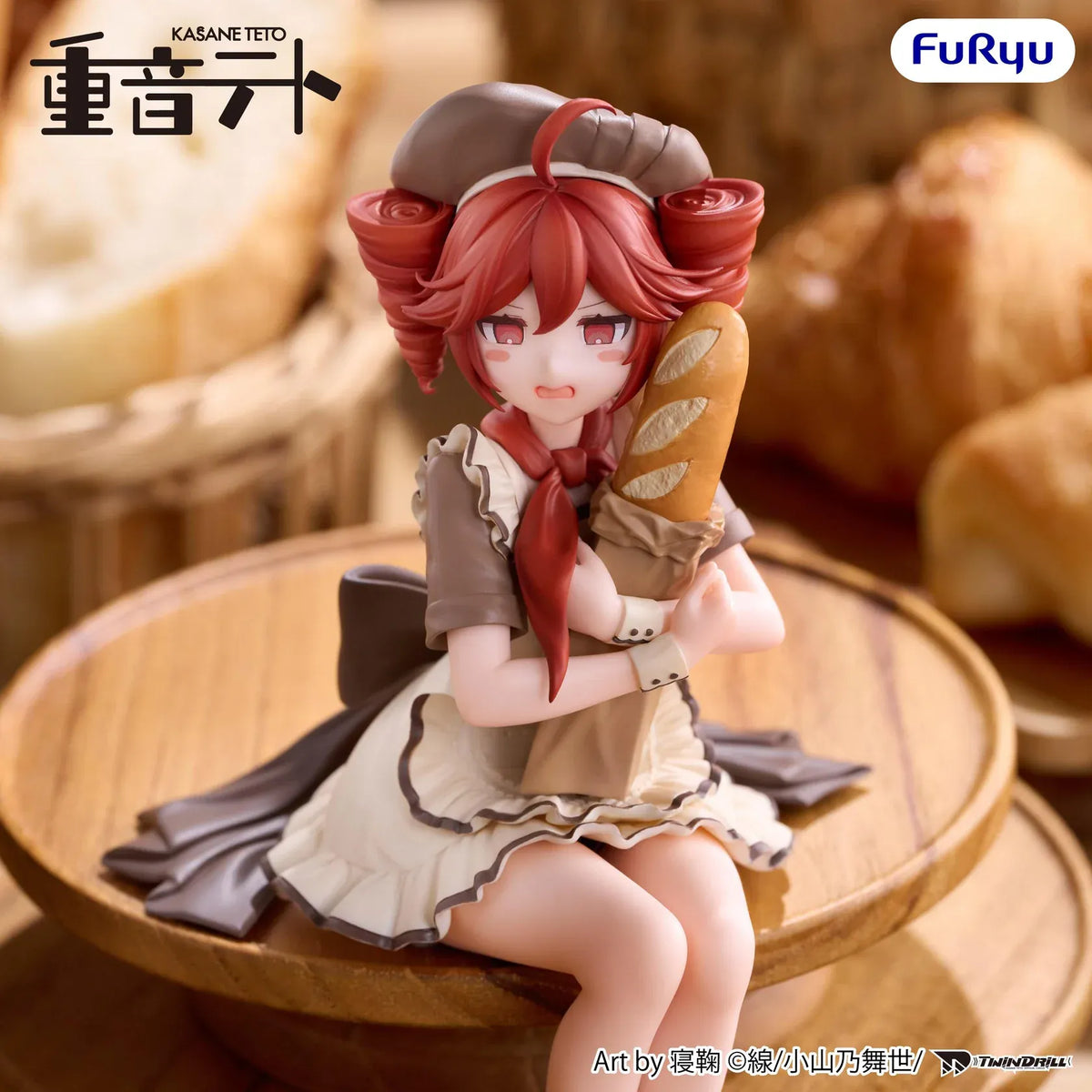 Kasane Teto Baguette Ver. Noodle Stopper figure seated in a brown beret and ruffled cream outfit, hugging a baguette in a paper bag.