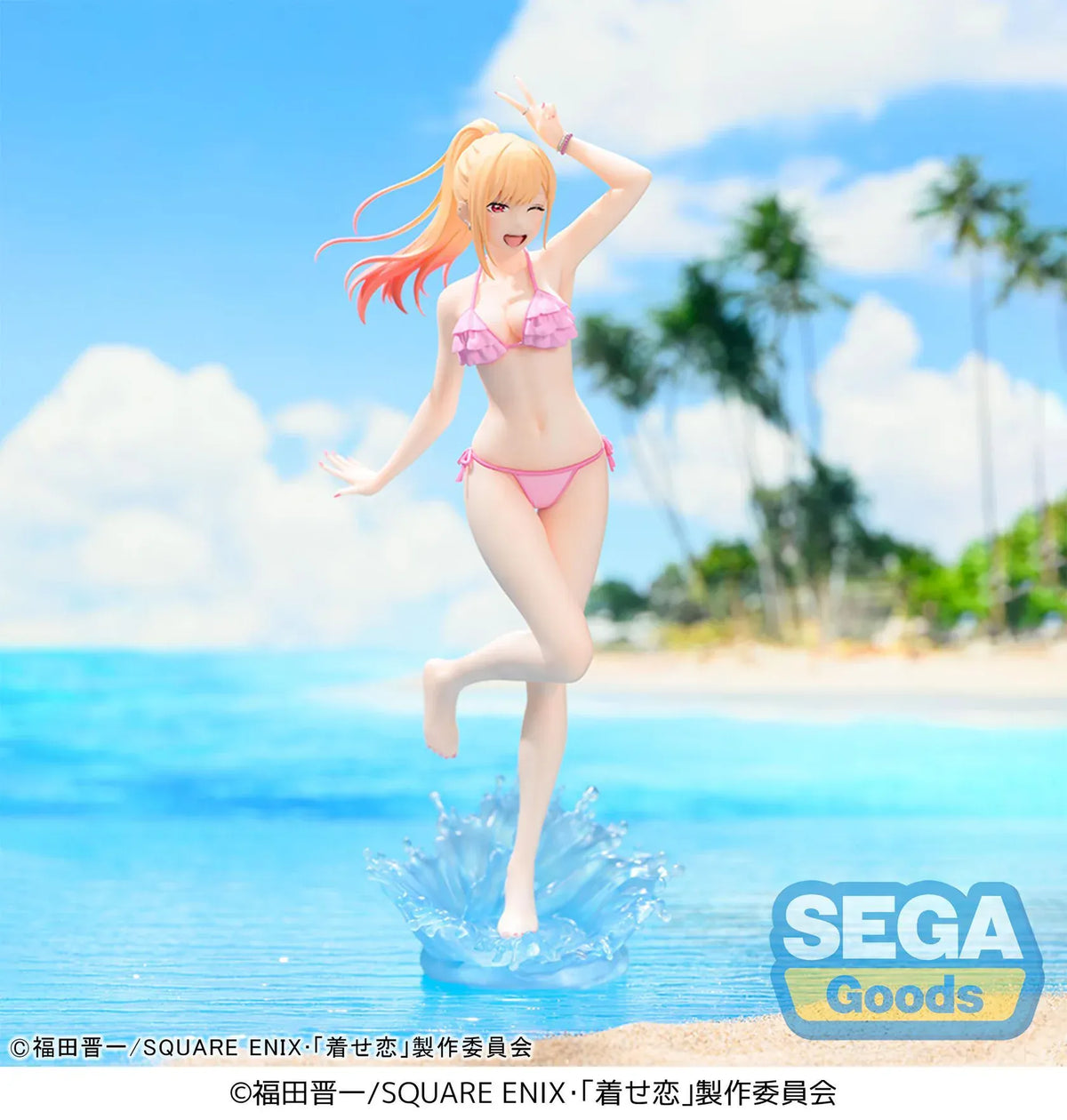 Marin Kitagawa XStellar figure wearing a pink swimsuit and posing on a translucent water-splash base.