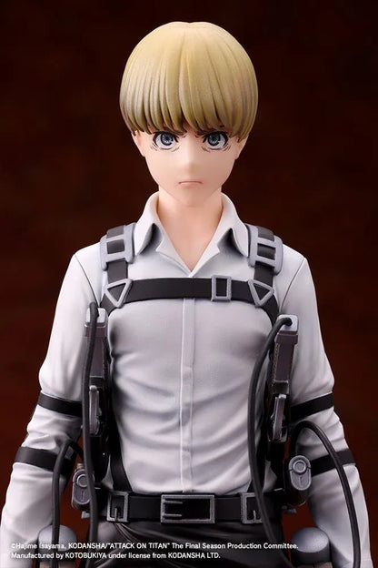 Armin Arlert The Final Season Ver. Oshi Works figure with blond hair, a gray shirt, black harness straps, and equipment on a rectangular black base.