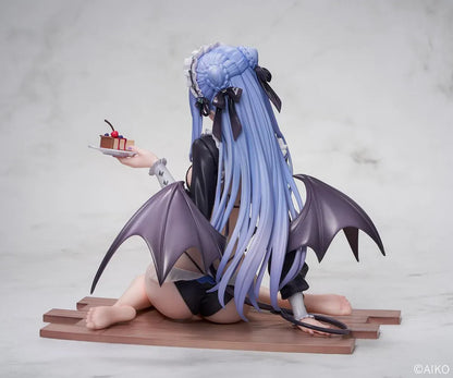 NIYA Maid Ver. figure illustrated by AIKO, with blue hair, a frilled headband, dark wings, and a dessert plate, seated on a wood-patterned base.