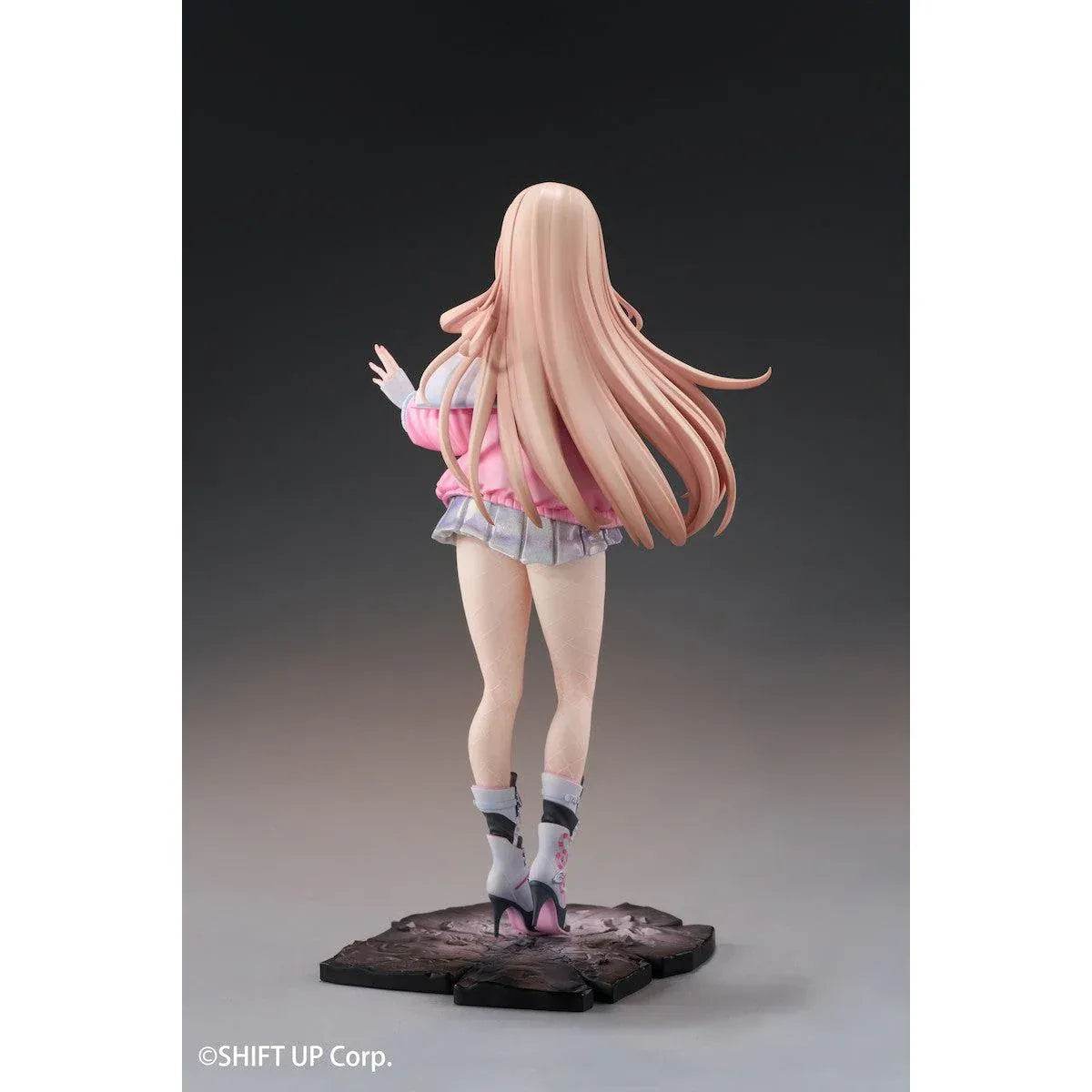Viper Deluxe Edition 1/7 scale figure from Goddess of Victory Nikke wearing a pink jacket and stylish outfit with an illustrated wall scroll.