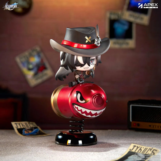 Honkai Star Rail Happy Shake Boothill Chibi Figure sitting on a red spring-mounted rocking base with his signature cowboy hat