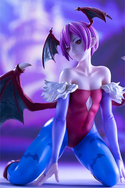 Darkstalkers Lilith 1/7 Scale Figure featuring Lilith with purple hair, bat wing accents, red-and-blue outfit details, and a playful seated pose.