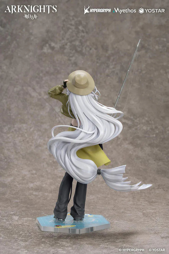 Arknights Gift+ Skadi Wildlight Wander Ver. 1/8 Scale Figure featuring Skadi with long white hair, fishing rod accessory, outdoor outfit, hat, and themed display base.