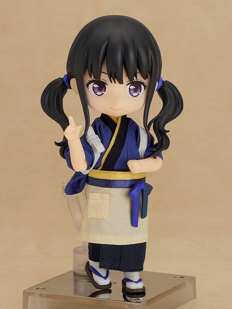 Lycoris Recoil Nendoroid Doll Takina Inoue in Cafe LycoReco uniform with blue kimono-style top and apron standing pose.