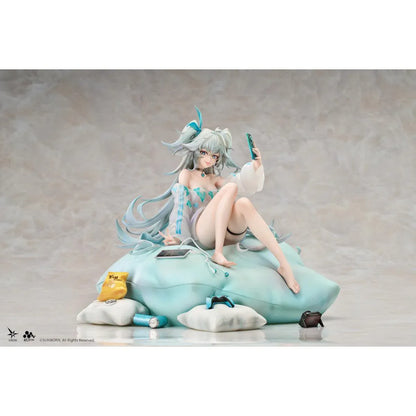 Girls' Frontline 2 Exilium Florence Marvellous Herb Cake Ver. 1/7 Scale Figure seated on a cushion with mint hair, phone accessory, pillows, snacks, and game controller details