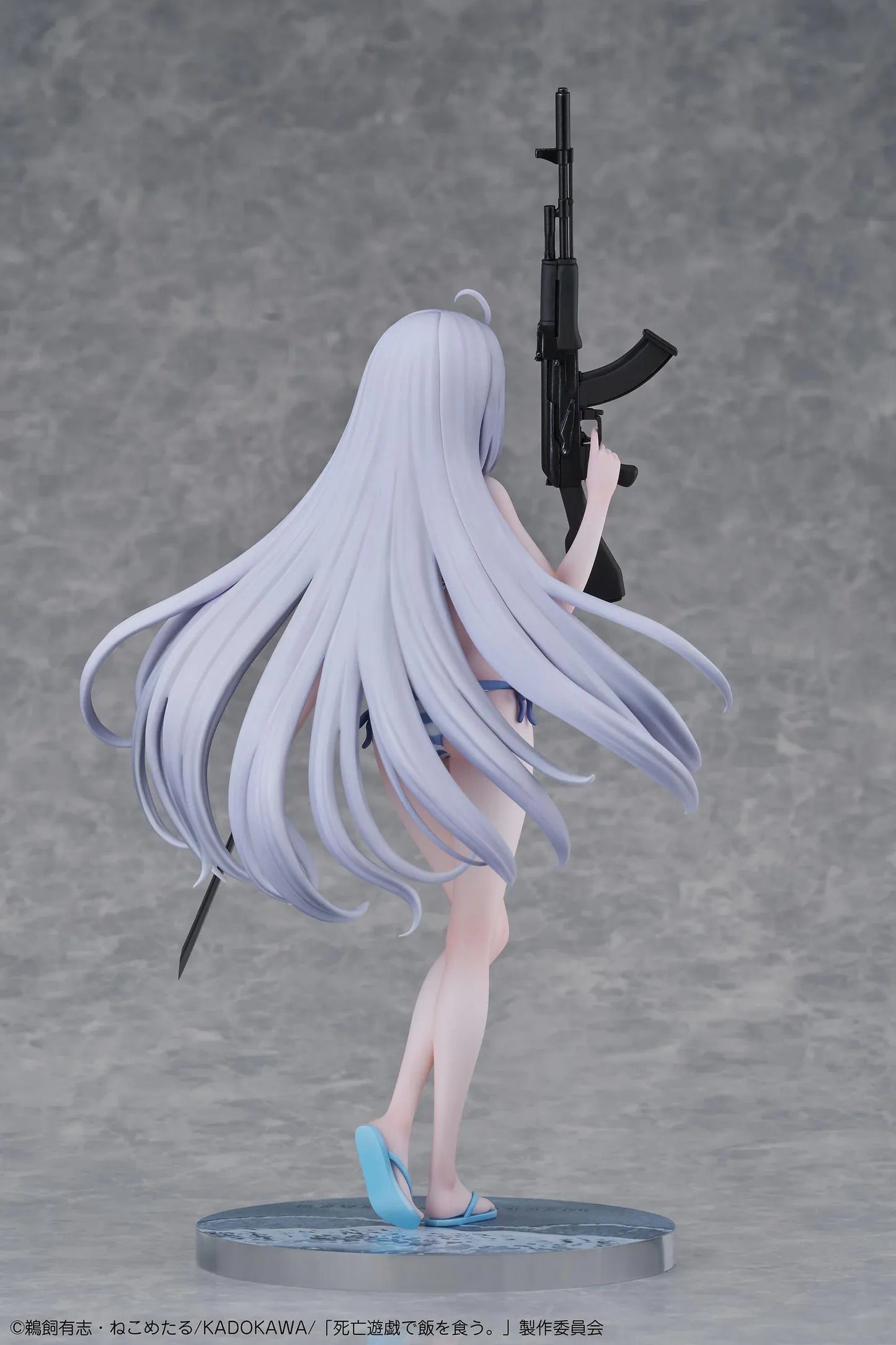 Playing Death Games to Put Food on the Table Yuki 1/7 Scale Figure with long silver hair, blue-and-white outfit, rifle, blade accessory, and display base