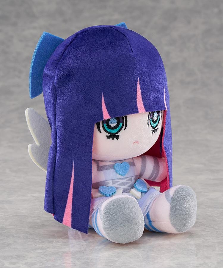 New PANTY & STOCKING with GARTERBELT Stocking Punipuni Plushie with purple hair, blue eyes, heart details, and seated chibi plush design
