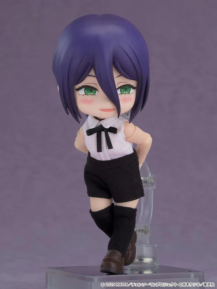 Chainsaw Man The Movie Reze Arc Nendoroid Doll Reze featuring Reze in a chibi doll design with purple hair, green eyes, white top, black shorts, and knee-high socks.