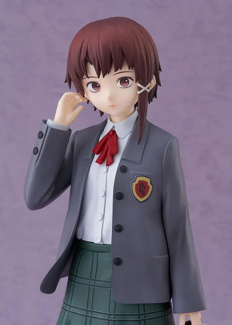Lain Iwakura POP UP PARADE L Size figure in a gray blazer and green plaid skirt, holding a cream-colored school bag with a dog charm.