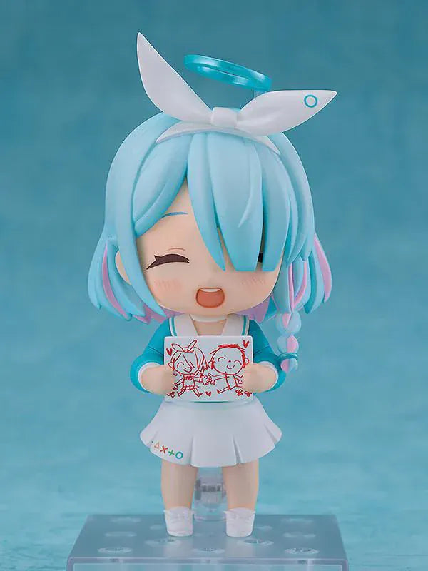 Blue Archive Nendoroid No.2245 Arona re-run chibi figure with pastel blue hair, halo, and sailor outfit holding staff