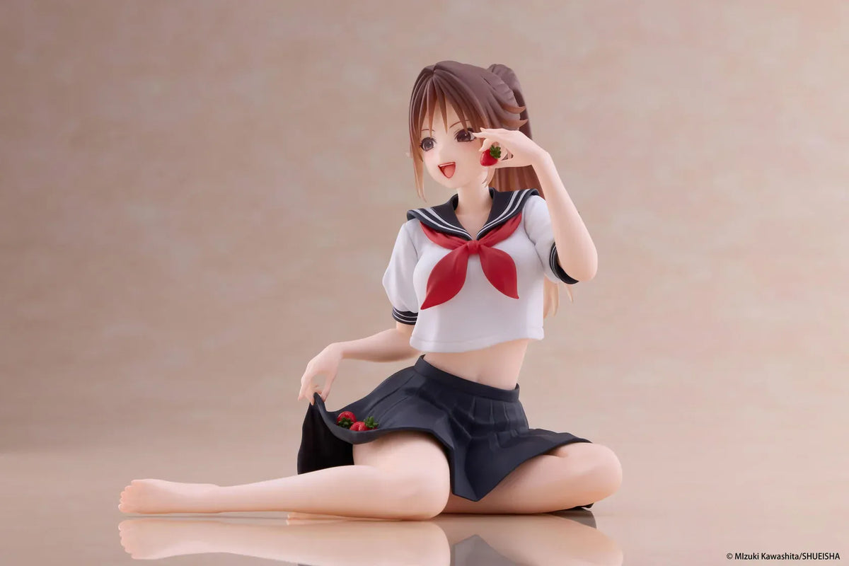 Desktop Cute Satsuki Kitaoji School Uniform Ver. figure seated with a brown ponytail, white and navy sailor uniform, and a strawberry held beside her smiling face.