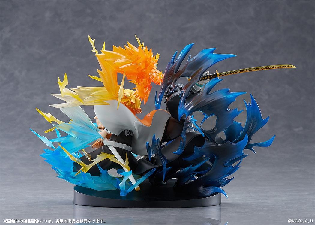 Zenitsu Agatsuma and Kaigaku Demon Slayer figure with lightning effects in dynamic battle pose