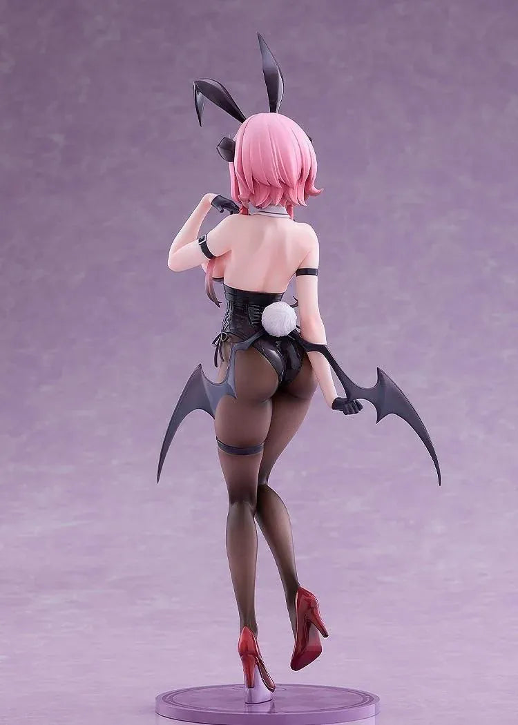 Stella Sora Bernina Bunny Ver. 1/7 Scale Figure featuring a pink-haired anime girl with reddish-pink eyes wearing a black corset-style bunny outfit, tall bunny ears, sheer tights, red heels, and bat-like wings on a purple display base.