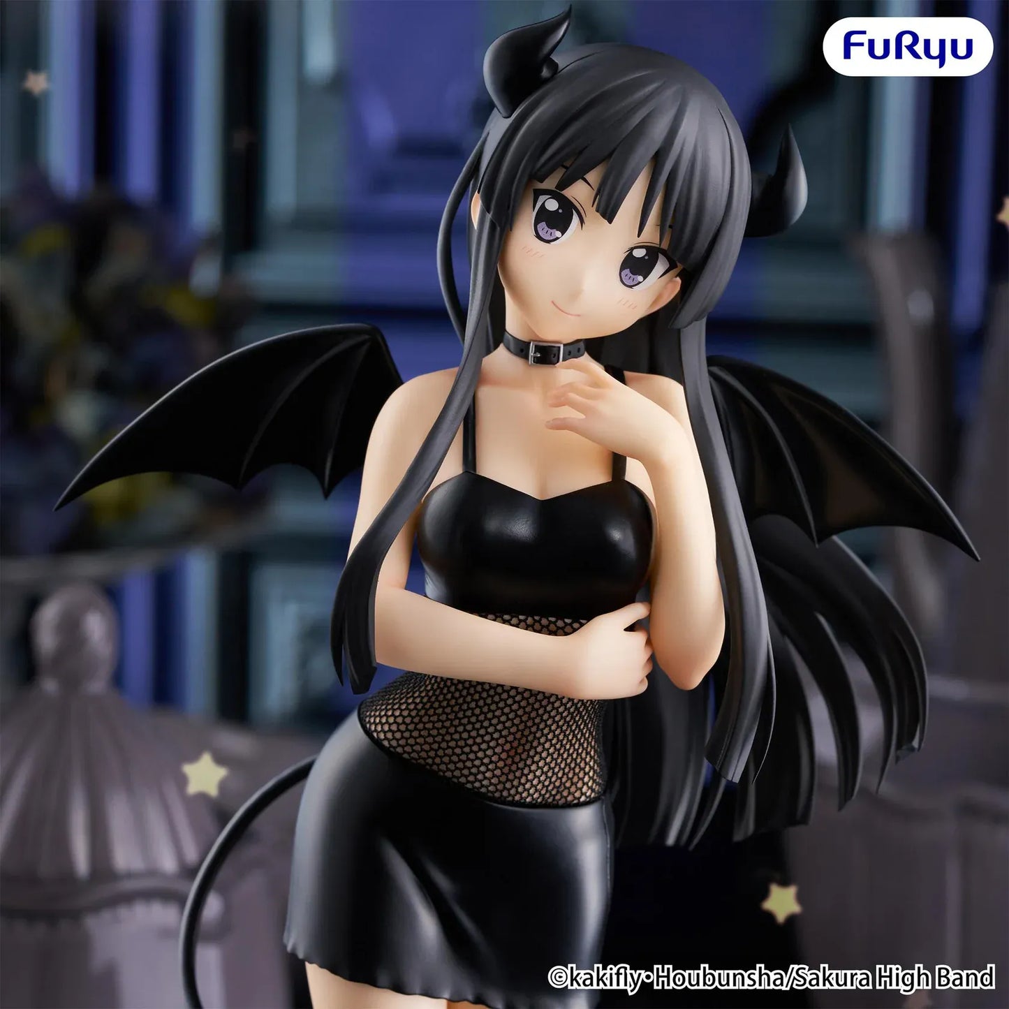 K-On! BiCute Dark Mio Akiyama figure featuring long black hair, devil horns, bat wings, black outfit, and heart-tipped tail