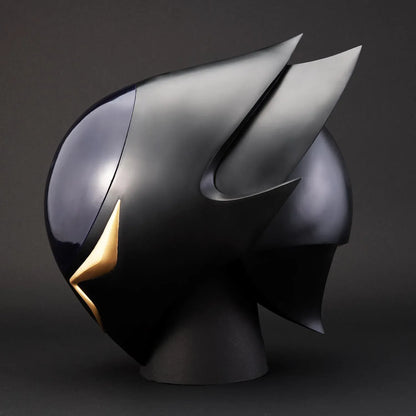 Code Geass Full Scale Works Zero’s Mask 1/1 scale replica with a glossy dark faceplate, gold accents, and an angular outer shell with tall fins.